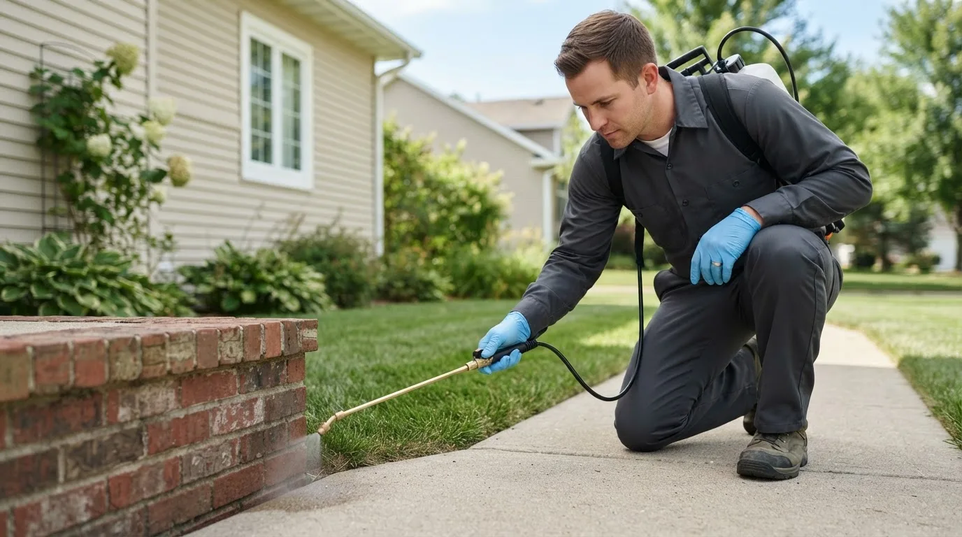 Pest control technician treating a home near Lebanon, ME